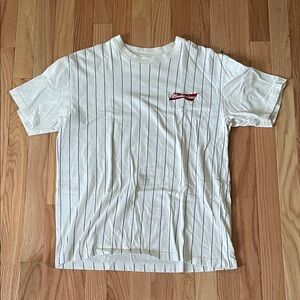 Budweiser T Shirt Mens Small White Striped Logo Short Sleeves Baseball Casual